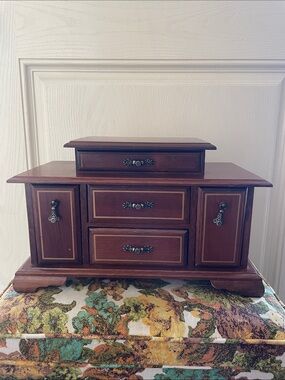 Vintage Wood Jewelry Box Organizer in Dark Brown with music box